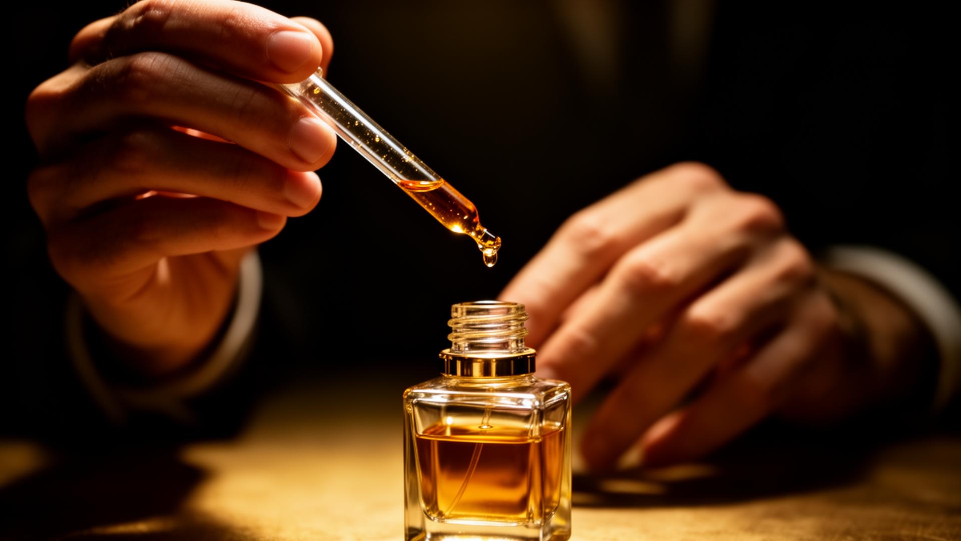 Perfumer dosing a bottle
