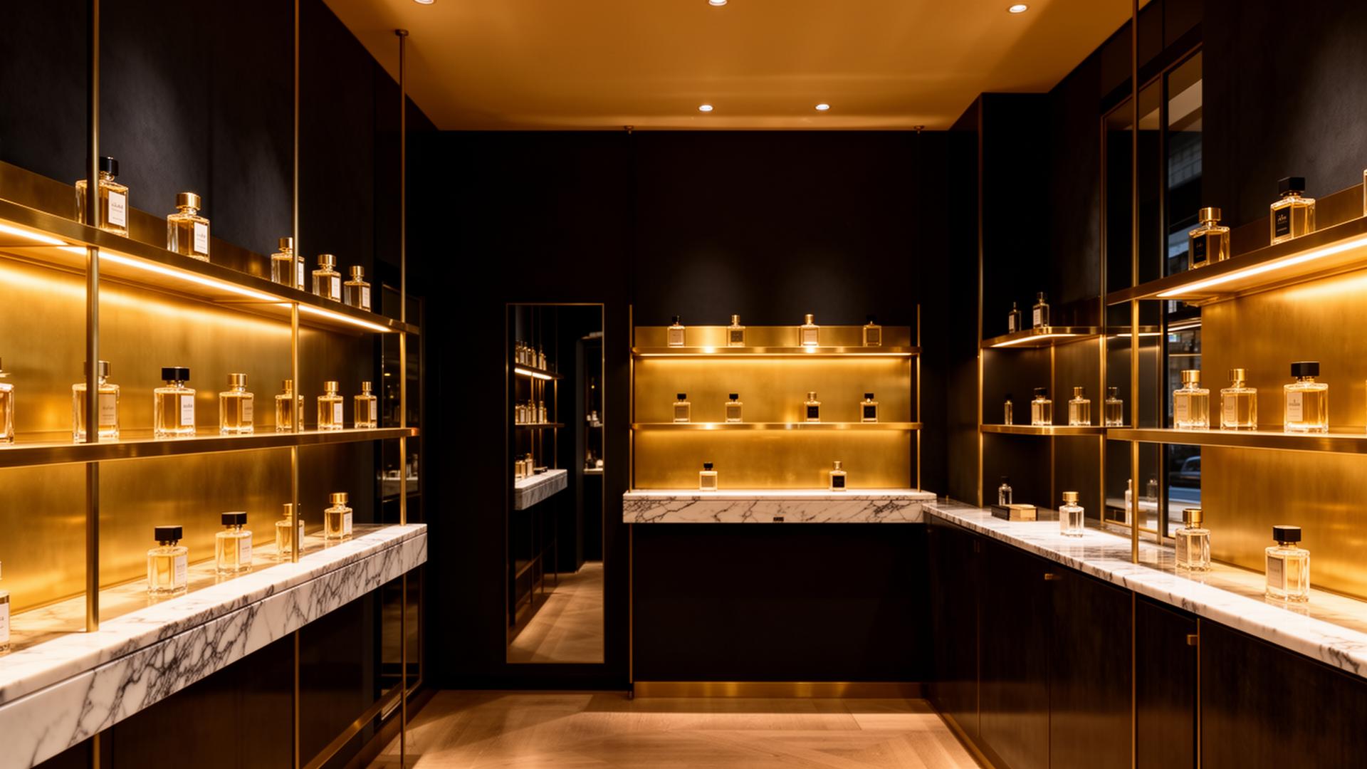 Lagos boutique interior in warm brass and marble