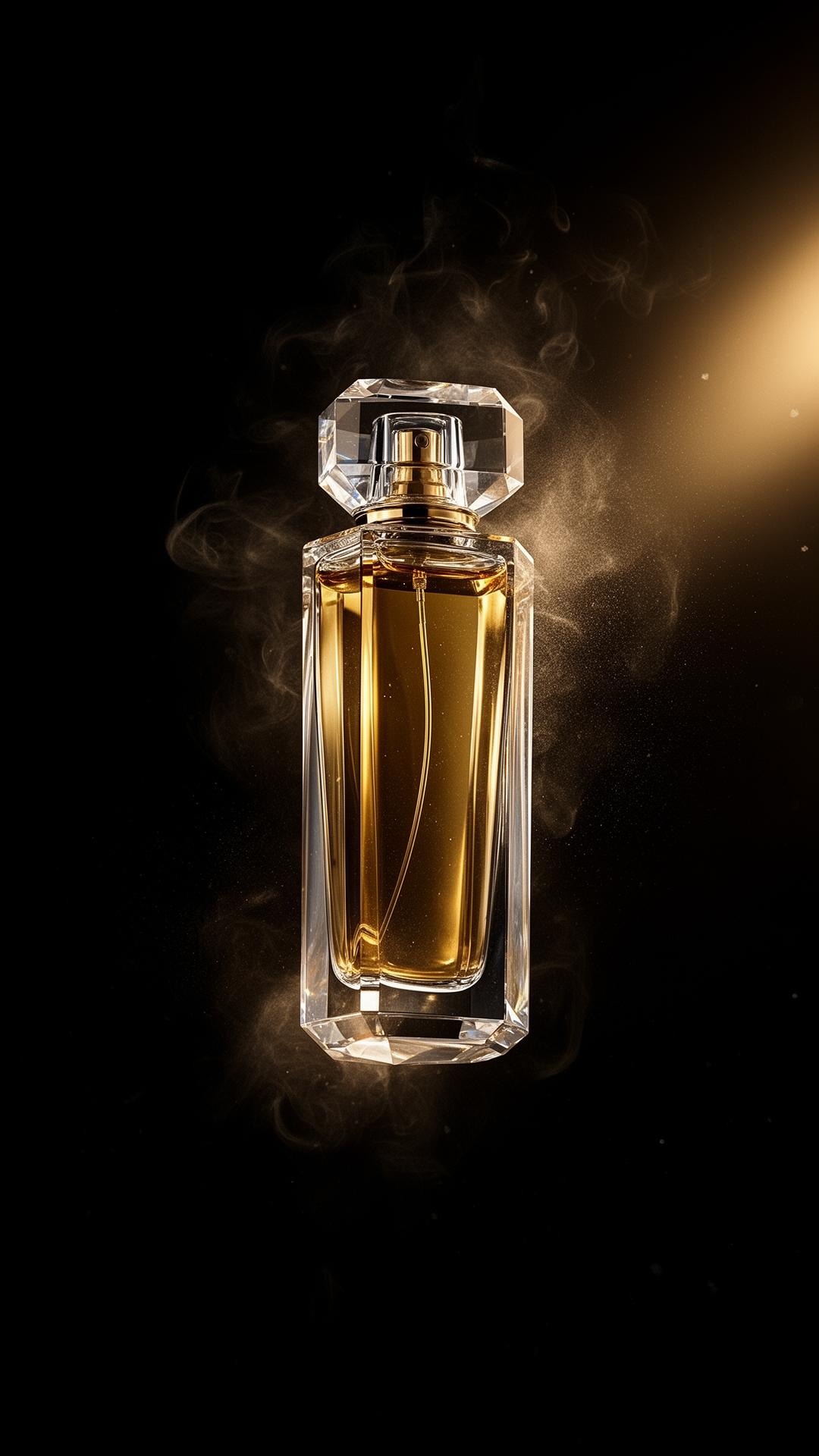 Crystal perfume bottle suspended in golden light