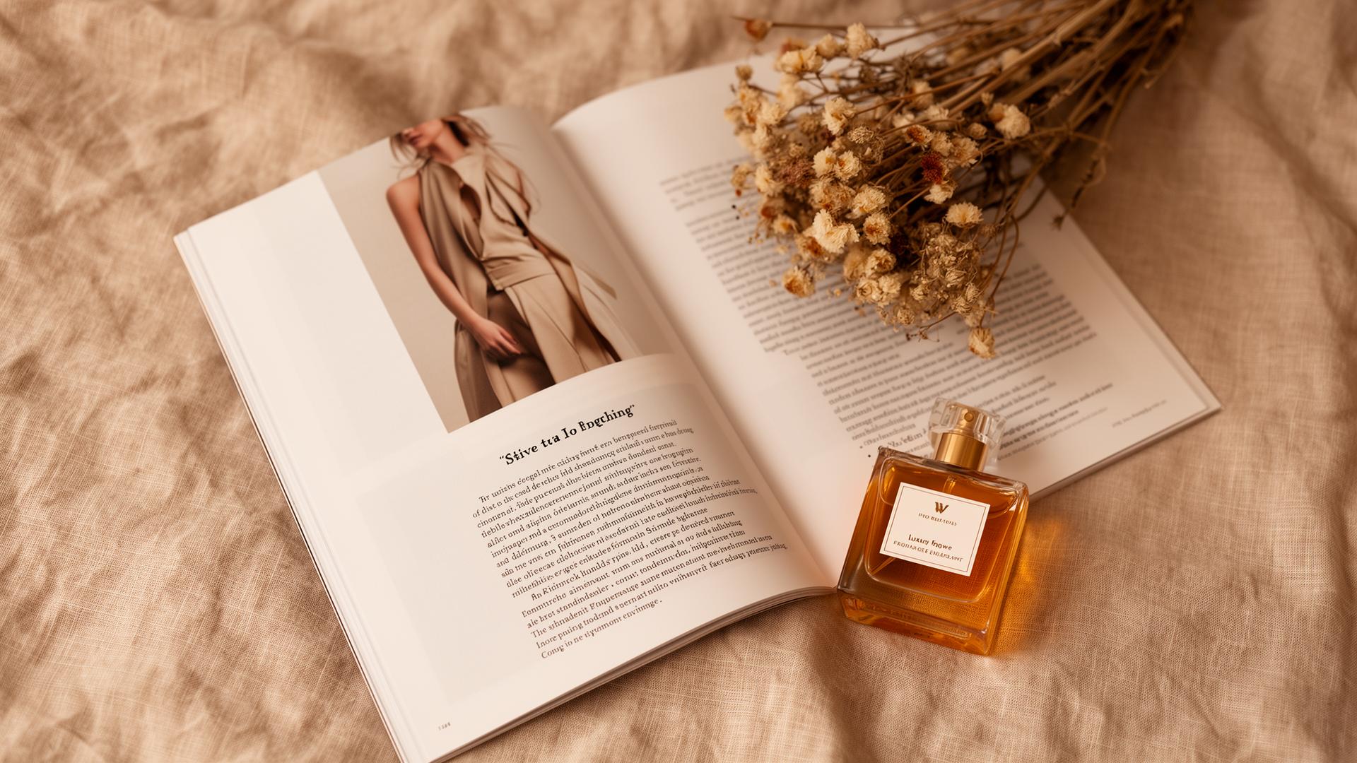 Open editorial magazine with a perfume bottle and dried botanicals