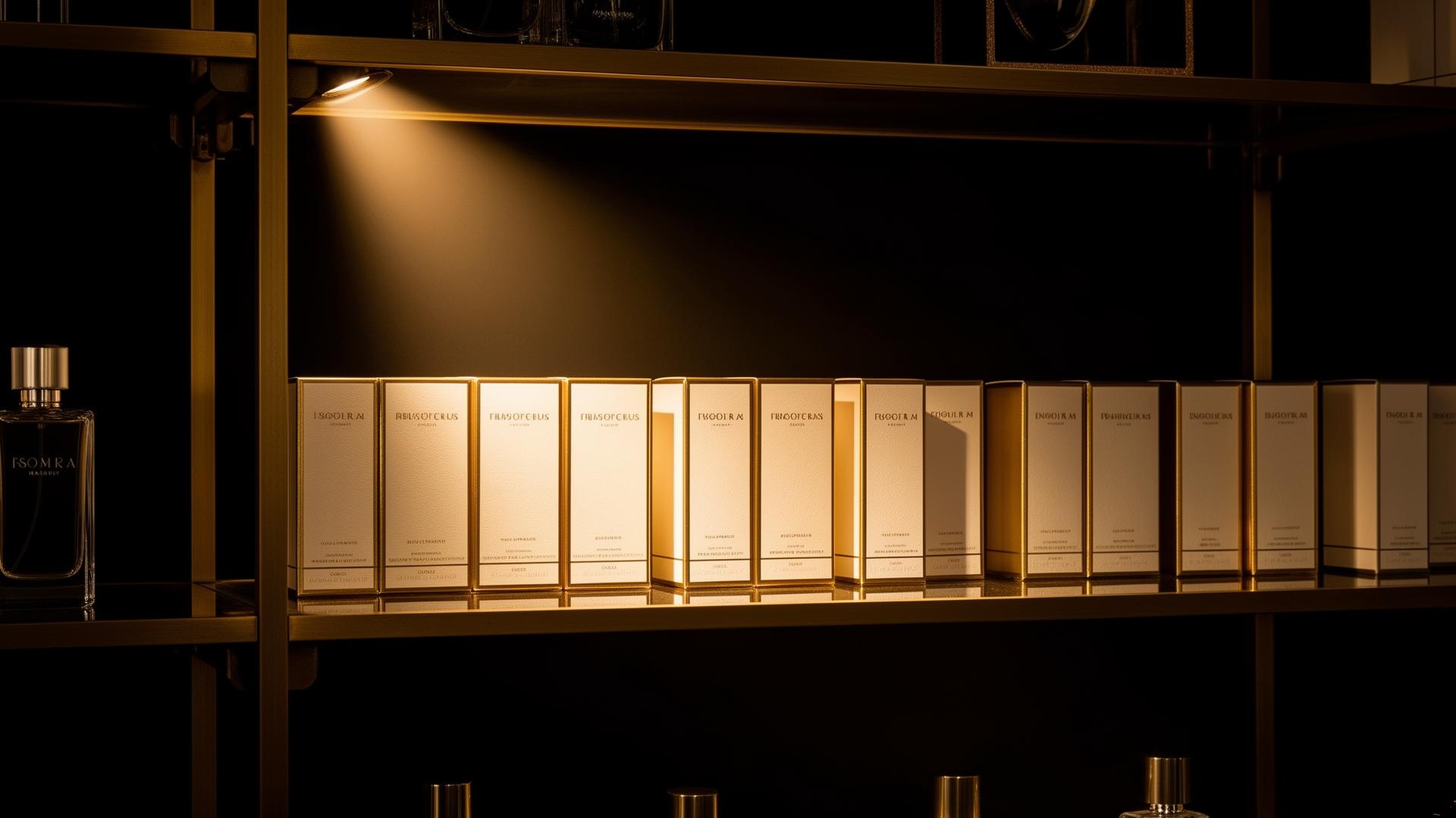 Branded perfume boxes lit on a brass retail shelf